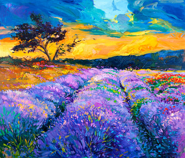 ilustrações, clipart, desenhos animados e ícones de paisagem - multi colored floral pattern acrylic painting purple