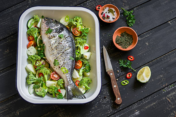 istock raw ingredients - Dorado fish and vegetables 485745134