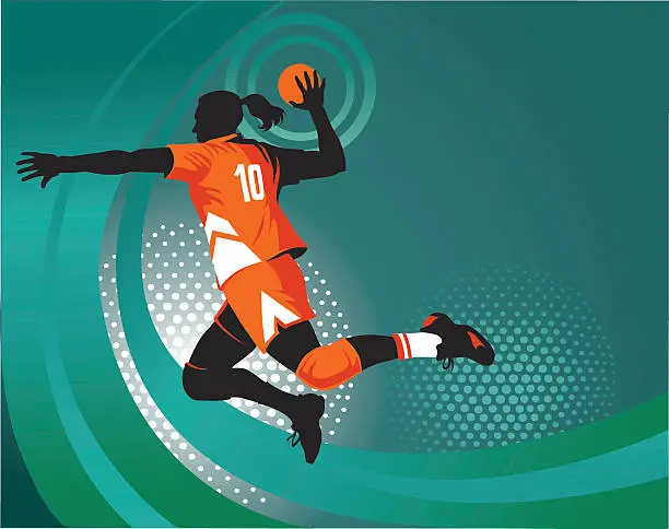 Vector illustration of Handball Player Jumping to Shoot - Green Background