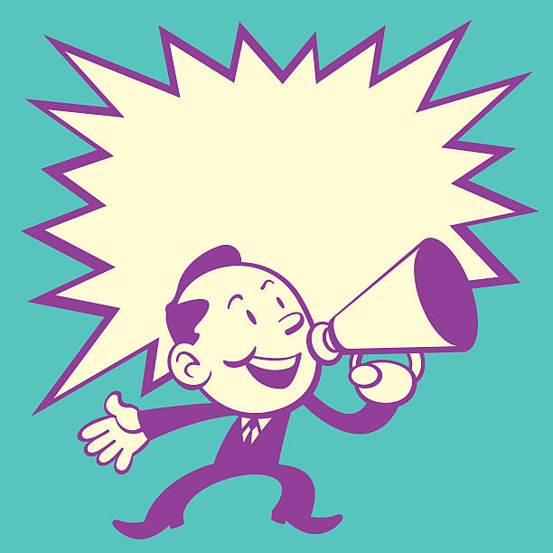 Retro Style of cute business man make announcement with a red speaker. Come with a big star speech bubble for text area.