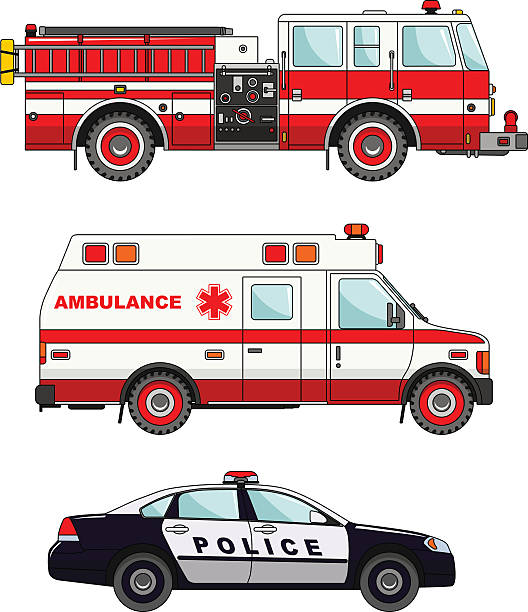 illustrazioni stock, clip art, cartoni animati e icone di tendenza di camion dei pompieri, di polizia e ambulanza auto isolato su sfondo bianco - travel healthcare and medicine emergency services urgency