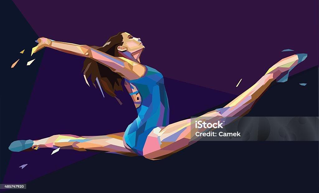 Vector illustration of gymnast girl Illustration of female gymnast jumping on abstract background, colorful triangles. Gymnastics stock vector