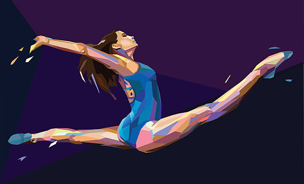Vector illustration of gymnast girl Illustration of female gymnast jumping on abstract background, colorful triangles. gymnastics stock illustrations