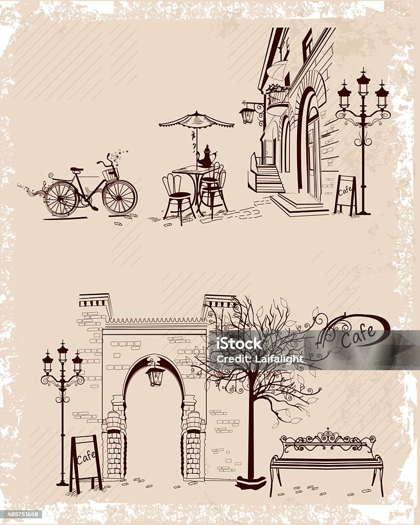 Old town views and street cafes. Series of backgrounds decorated with old town views and street cafes. Hand drawn Vector Illustration. Old-fashioned stock vector