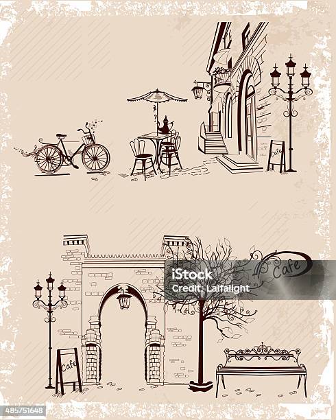 Old Town Views And Street Cafes Stock Illustration - Download Image Now - Old-fashioned, Paris - France, Retro Style