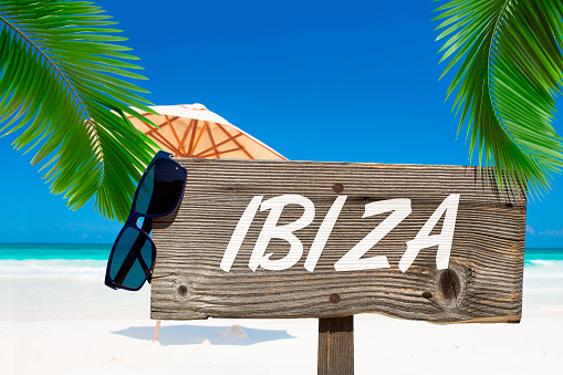 Wooden signboard with text message IBIZA and a sunglasses under palm fronds on the summer beach