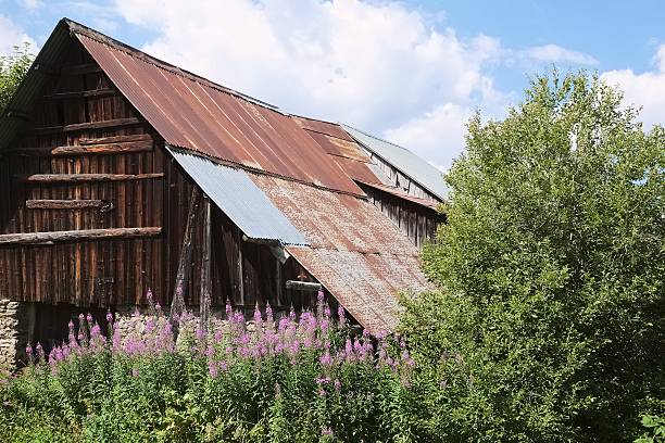 zardzewiały metal pan płytki na dachu - wood shutter rusty rust zdjęcia i obrazy z banku zdjęć