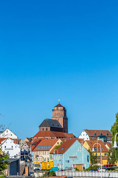 Wolgast, Germany - August 13, 2015: gothic St Petri church in Wolgast under blue sky. The church is a three- ship brick church from the end of the 14 th century.
