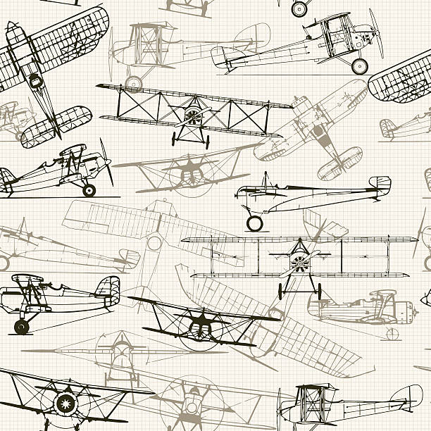 bezszwowe tło w stylu vintage. stylizowane ilustracja samolotu composition. t - armed forces airshow fighter plane airplane stock illustrations