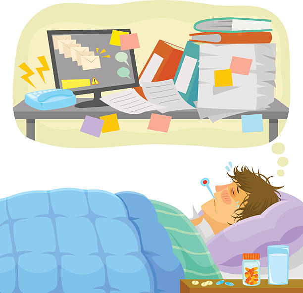 stressful sick leave sick man lying in bed and thinking about all the work that piles up on his desk sick leave cartoons stock illustrations