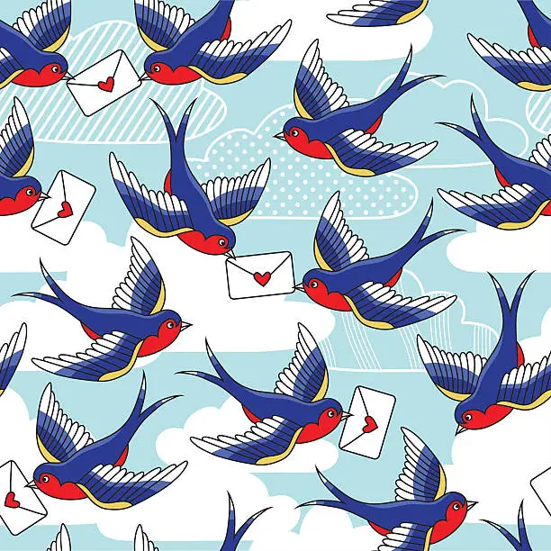 Vector illustration of Old school pattern with birds and letters