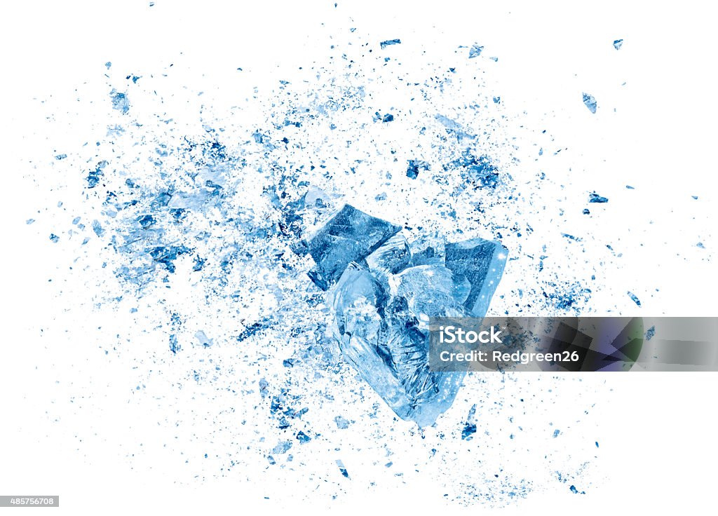 Ice crash explosion parts on white background Abstract blue Ice crash explosion parts on white background. Collision, suspension crystal ice cubes damage. Ice Stock Photo