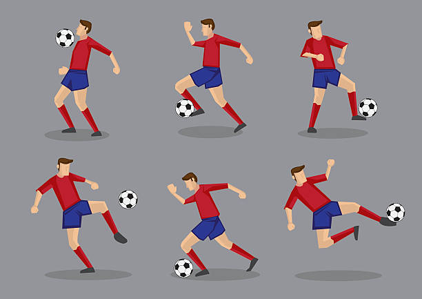 ilustrações, clipart, desenhos animados e ícones de jogador de futebol com bola de futebol ilustração vetorial - soccer ball running sports uniform red