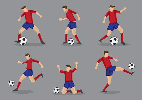Soccer player passing and dribbling soccer ball. Vector illustration isolated on grey background.