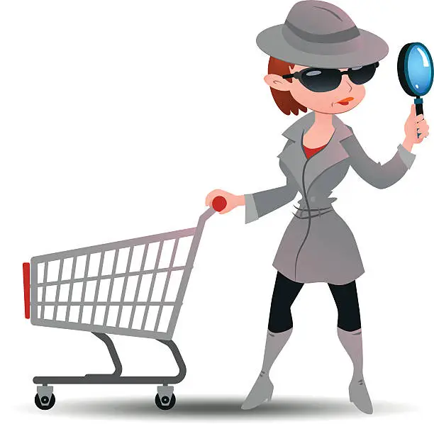 Vector illustration of Mystery shopper woman in spy coat with shopping cart