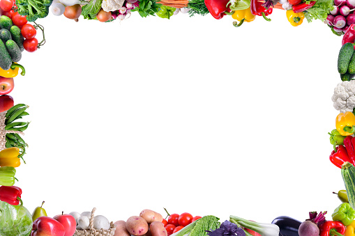 Many different vegetarian vegetables like frame. isolated on white background