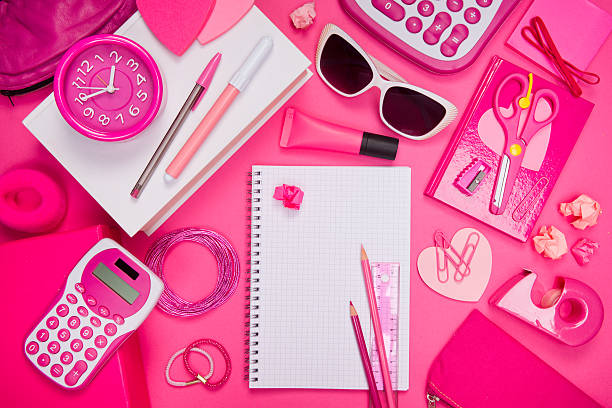 istock Girly pink desktop and stationery 485767866