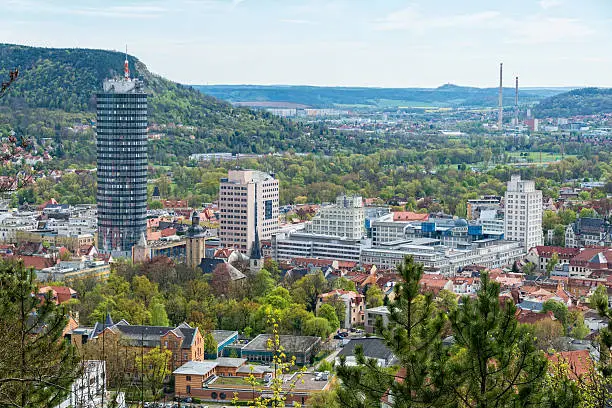 View to the Intershop tower, the typical landmark of university city Jena, Thuringia, Germany. View to the Campus of the University Friedrich Schiller