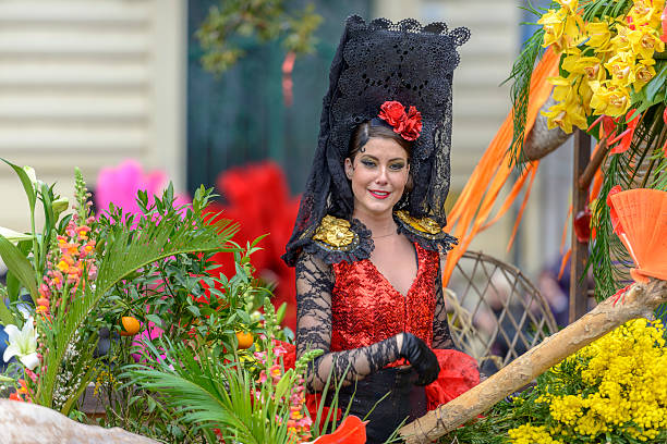 Nice, France - February 23, 2013: Female Entertainer in carnival Costum at the Nice Flower Carnival on February 23, 2013 in Nice, France