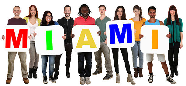 istock Group of young multi ethnic people holding word Miami 485777930