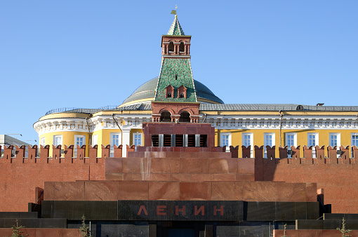 Lenin's Mausoleum and Spaska Tower of Moscow Kremlin on Red Square.