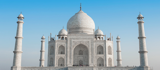 Panoramic of the Taj Mahal in Agra, India.
