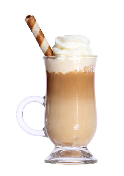 istock Coffee Latte in glass irish mug with wafer isolated 485780496