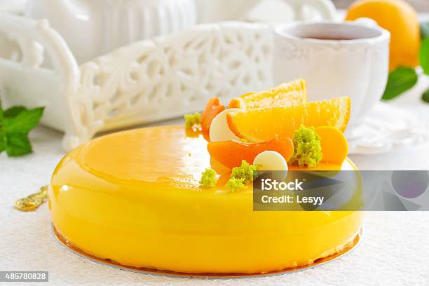 Cake With Orange Mousse And Almond Krokantom Stock Photo - Download Image Now - 2015, Cake, Citrus Fruit