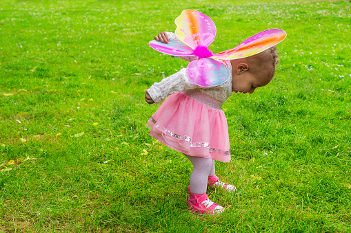 Adorable toddler wearing butterfly wings playing in the grass