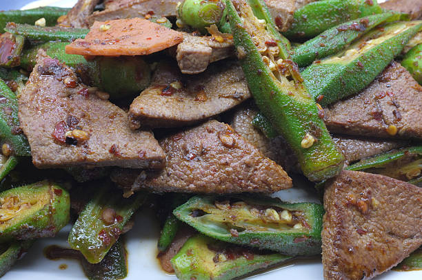 istock Stir fried pork liver with okra, lady's finger 485792568