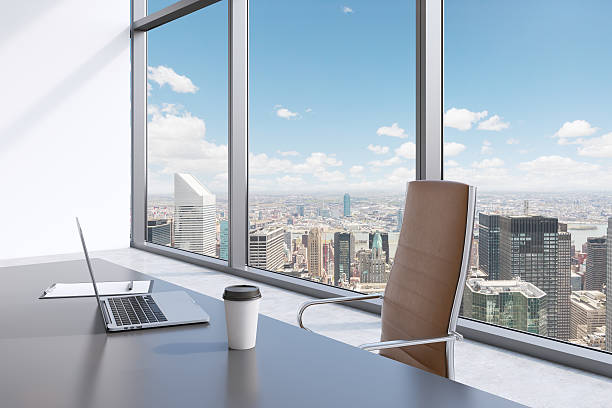 istock workplace in a modern panoramic office with New York view. 485793050