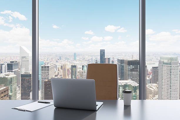 istock workplace in a modern panoramic office with New York view. 485793192