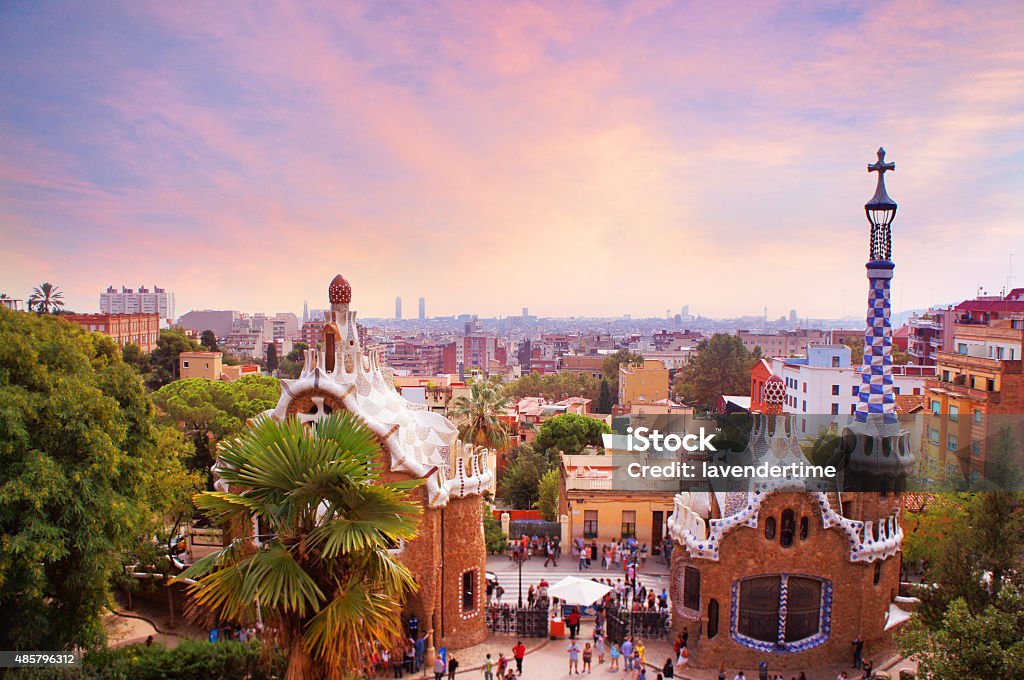 Park Guell in Barcelona at sunset Park Guell in Barcelona at sunset, Spain Barcelona - Spain Stock Photo