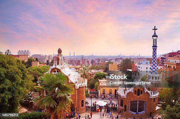 Park Guell In Barcelona At Sunset Stock Photo - Download Image Now - Barcelona - Spain, Urban Skyline, Courtyard