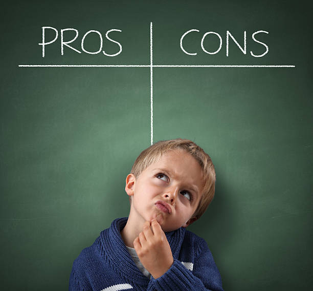 Pros and Cons on a blackboard Child thinking with Pros and Cons on a blackboard concept for choice, for and against, confusion, inspiration and solution pros and cons stock pictures, royalty-free photos & images