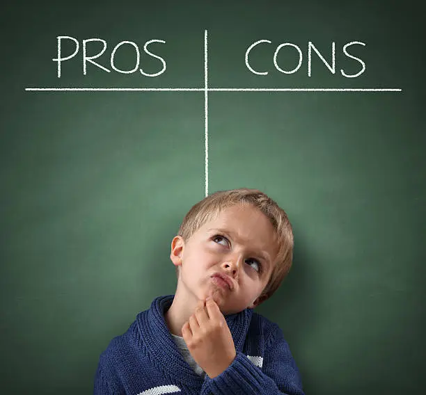 Child thinking with Pros and Cons on a blackboard concept for choice, for and against, confusion, inspiration and solution