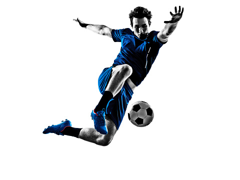 One Italian Soccer Player Man Playing Football Jumping In Silhouette White Background