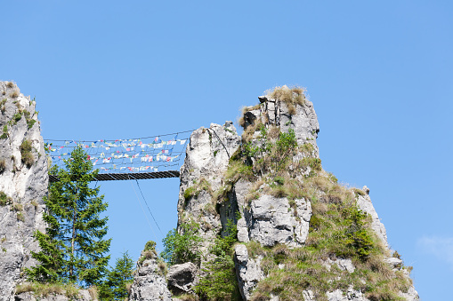 Tibetan bridge along a mountain trekking path, Italian Alps,