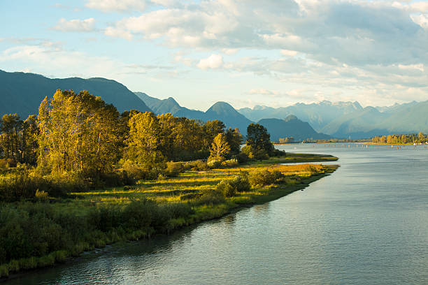 Pitt River and Golden Ears Mountain at summer sunset, British Columbia, Canada.
