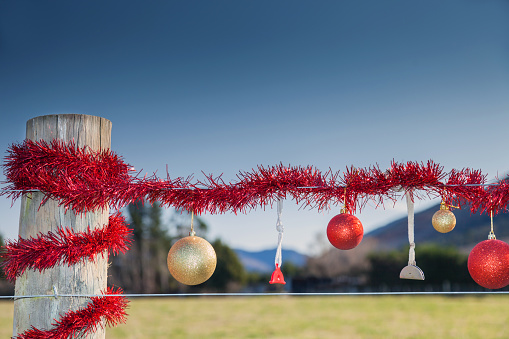 Christmas decorations of tinsel, baubles and dog whistles line a rural farm fence