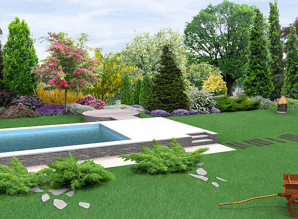Landscaping country style garden plant groupings, 3D render