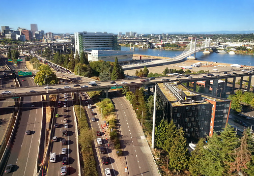 Highway traffic in Portland Oregon. High point of view