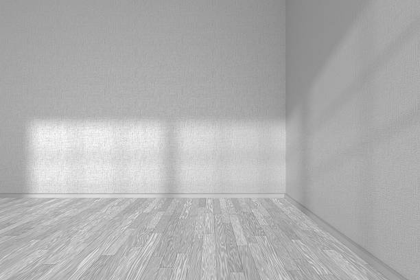 istock Corner of white empty room with white parquet floor 485812040