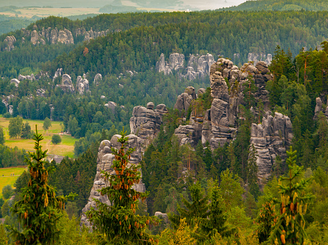 Aerial view of Adrspach sandstone towers in the middle of forest, Adspach, Czech Republic