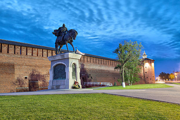 A monument to Dmitry Donskoy and kremlin wall in Kolomna, Moscow region, Russia