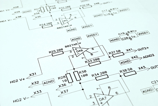 Close-up photo of the analog electronic schematic