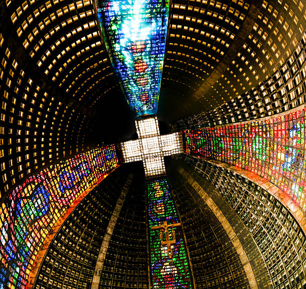 Brazil Rio de Janeiro the new Cathedral interior with vitrals and cross shaped roof