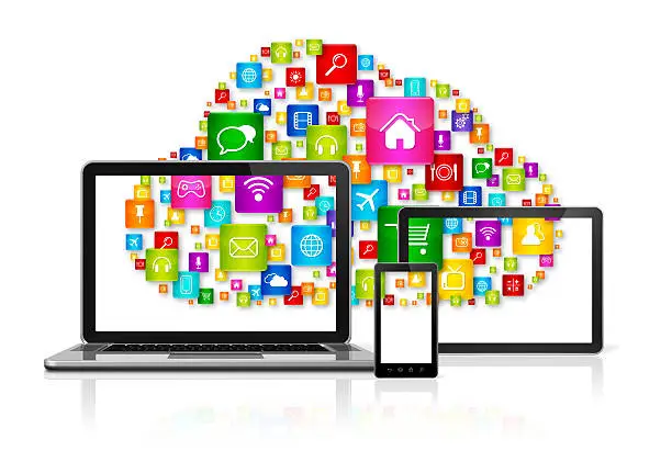 Photo of Cloud computing symbol on computer set