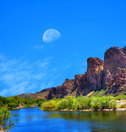 Salt River Arizona with large moon in background