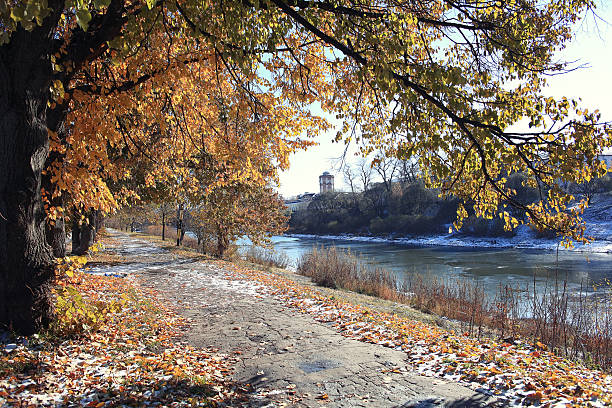 istock landscape park autumn trees snow forest 485824376